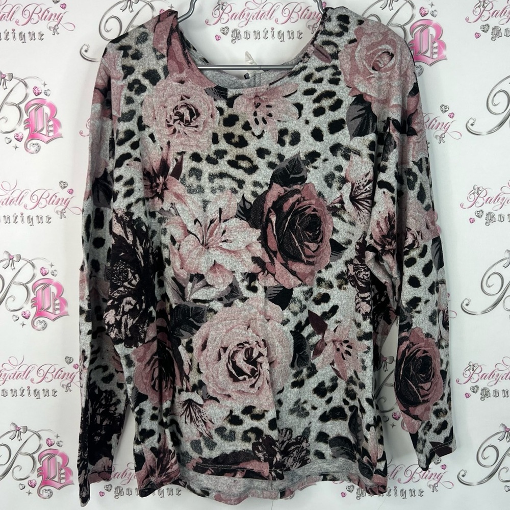 Clientelle long sleeve flowers floral print Pink and Black Floral Leopard Blouse